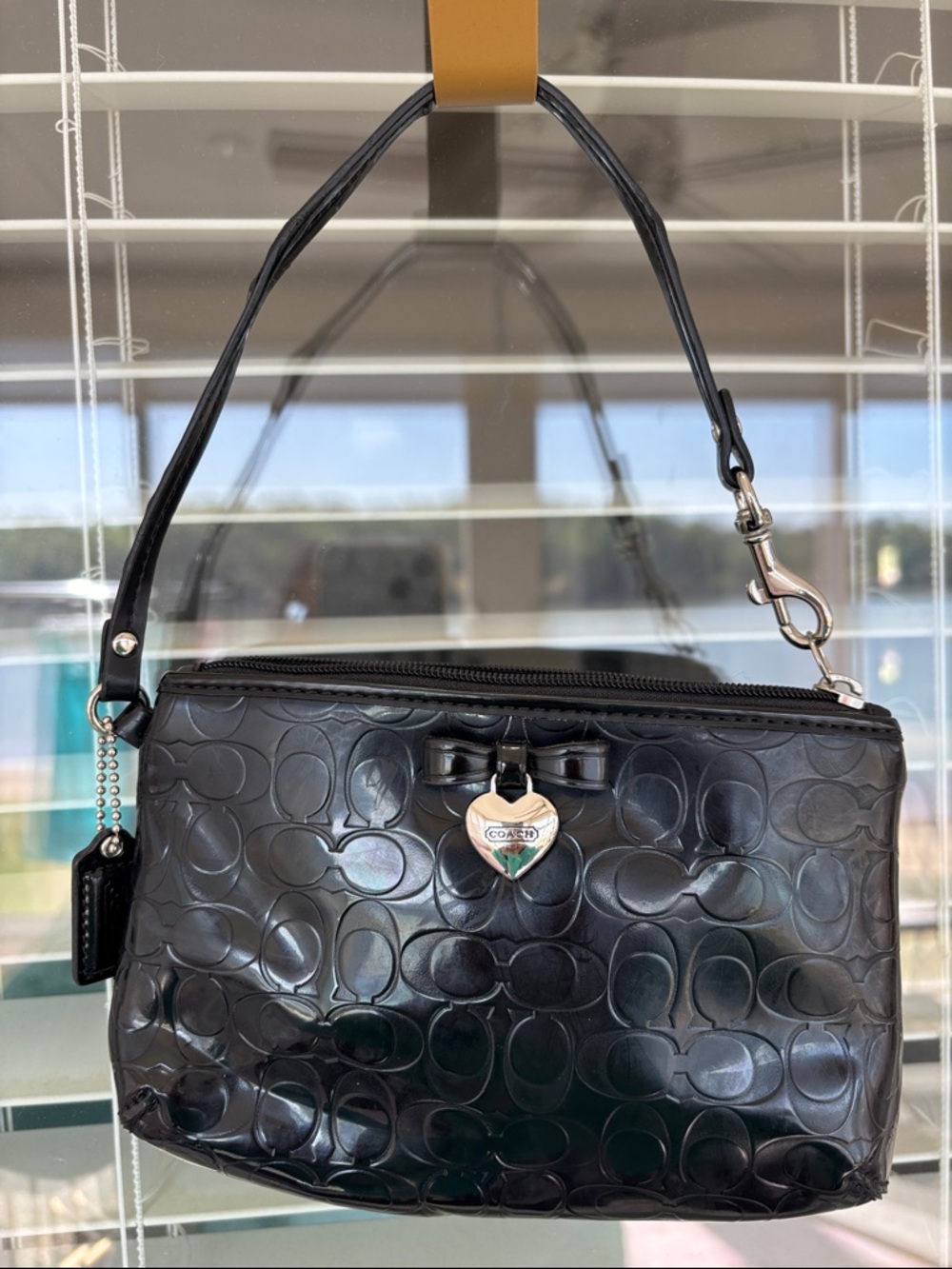 Coach Black Patent Signature Mini Pochette with Heart Charm